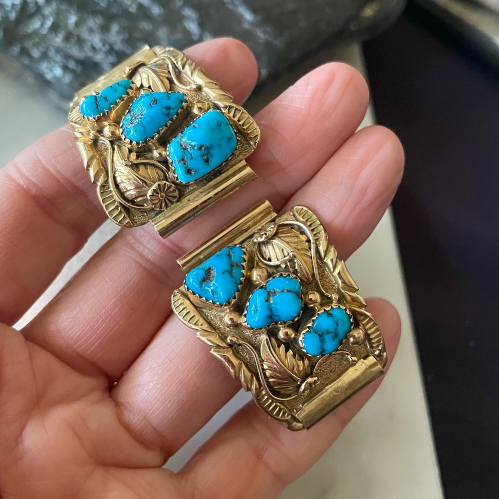 Gold 14K Native American Turquoise Vintage Watch Tips signed Walley - Picture 9 of 15